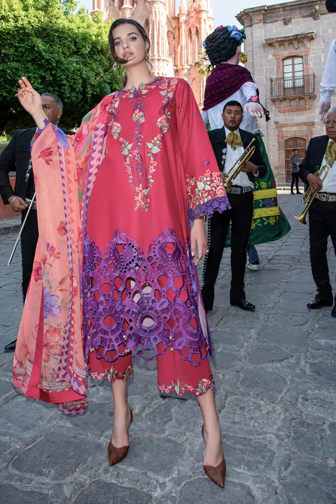Nicolas red stitched lawn 3PC suit by Mushq with chiffon dupatta and embroidery