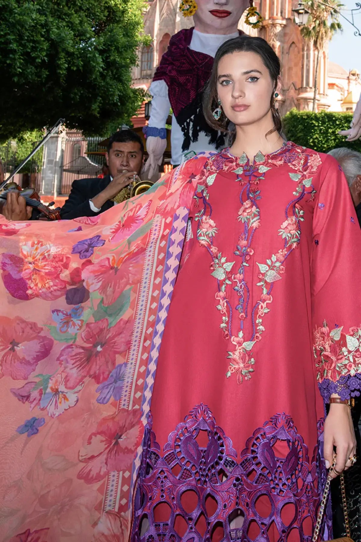 Nicolas red stitched lawn 3PC suit by Mushq with chiffon dupatta and embroidery