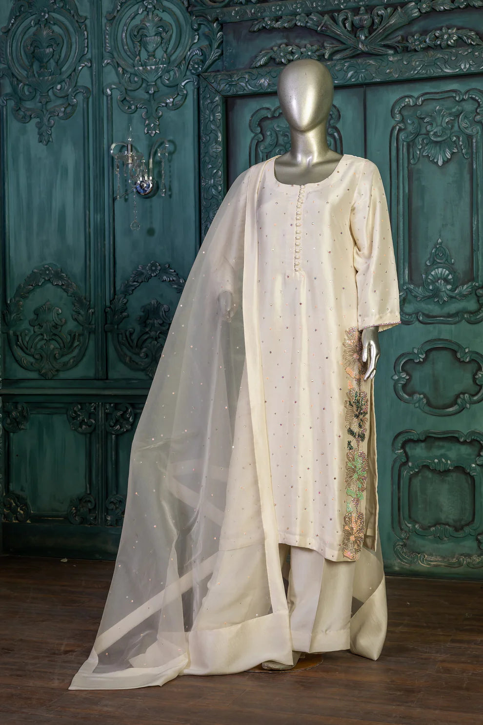 Nigar-Elegant Pearl White Embroidered Pakistani Formal Wear for Women