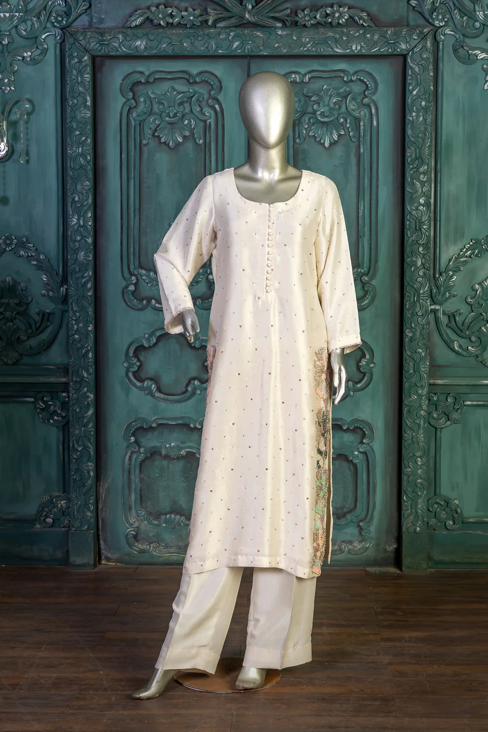 Nigar-Elegant Pearl White Embroidered Pakistani Formal Wear for Women