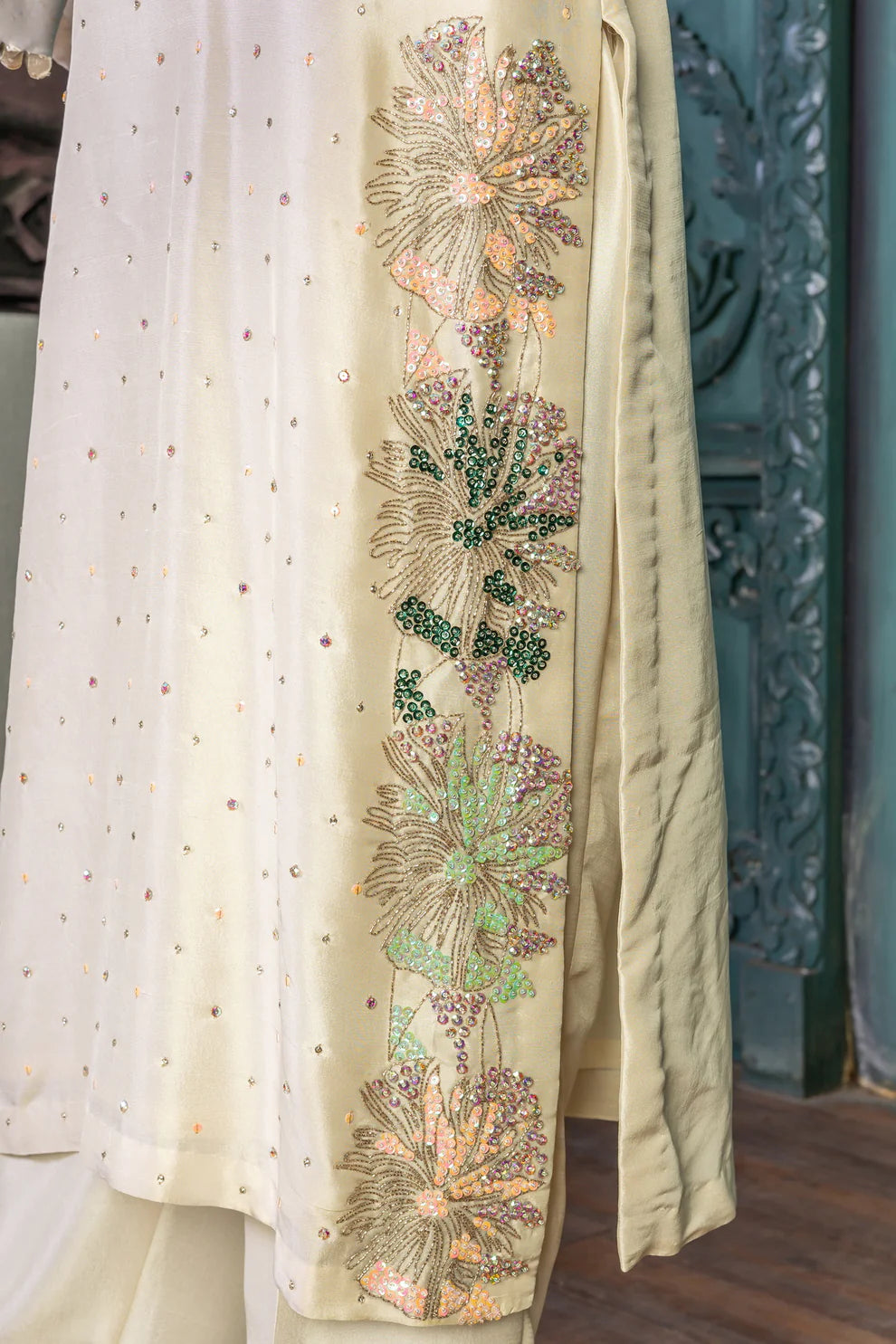 Nigar-Elegant Pearl White Embroidered Pakistani Formal Wear for Women
