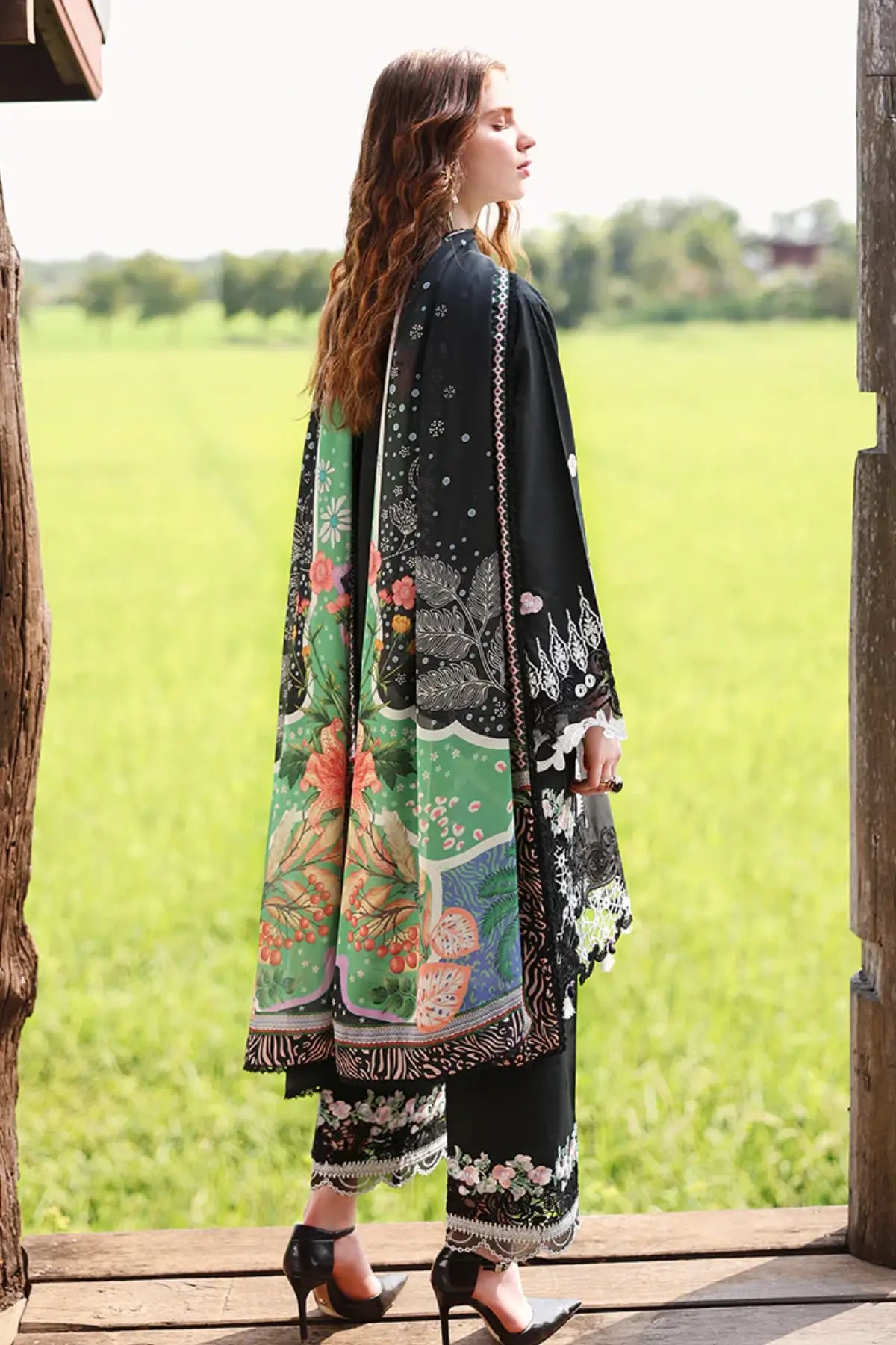 Nightshade Bloom by Mushq black chikan embroidered lawn suit with silk dupatta