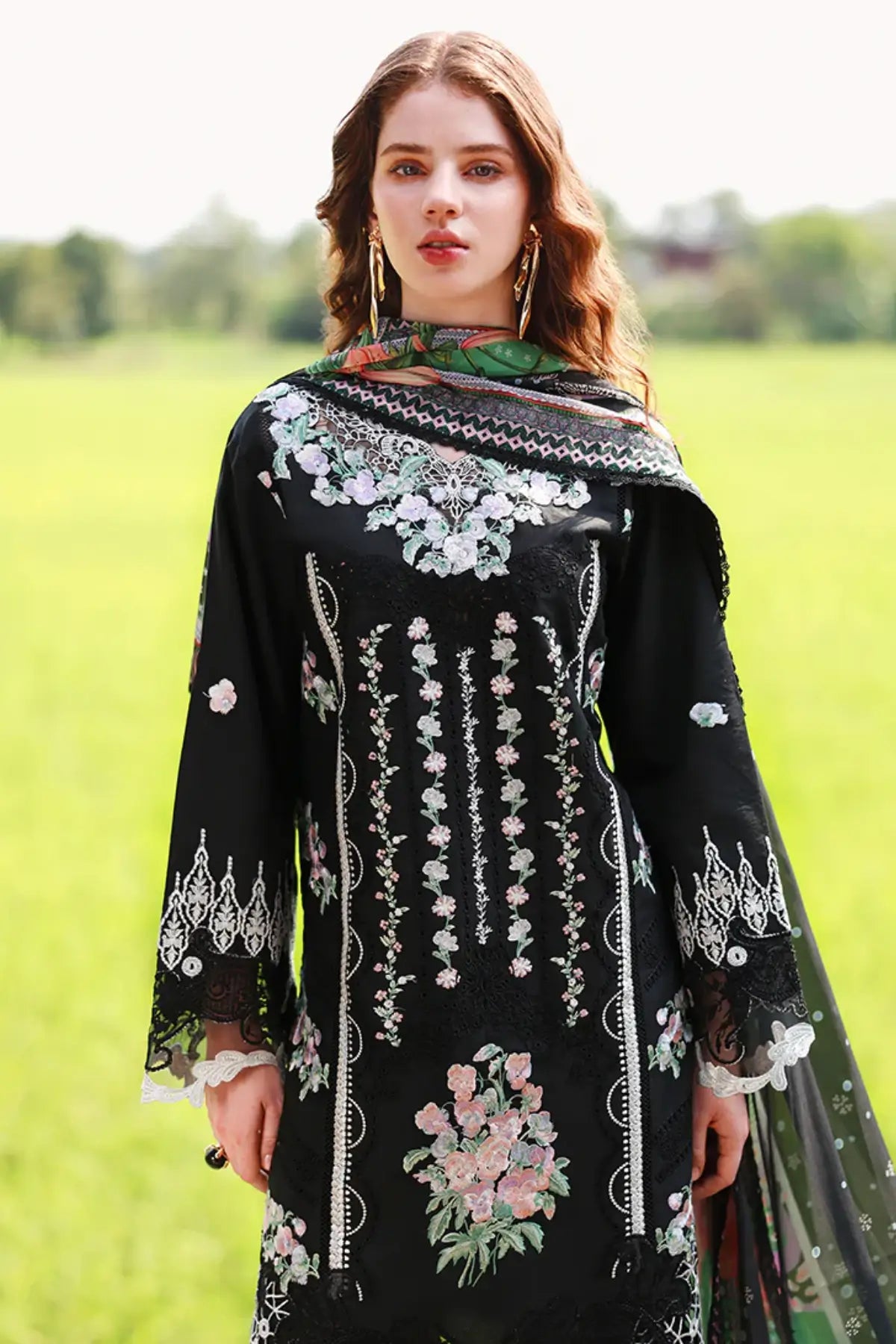 Nightshade Bloom by Mushq black chikan embroidered lawn suit with silk dupatta