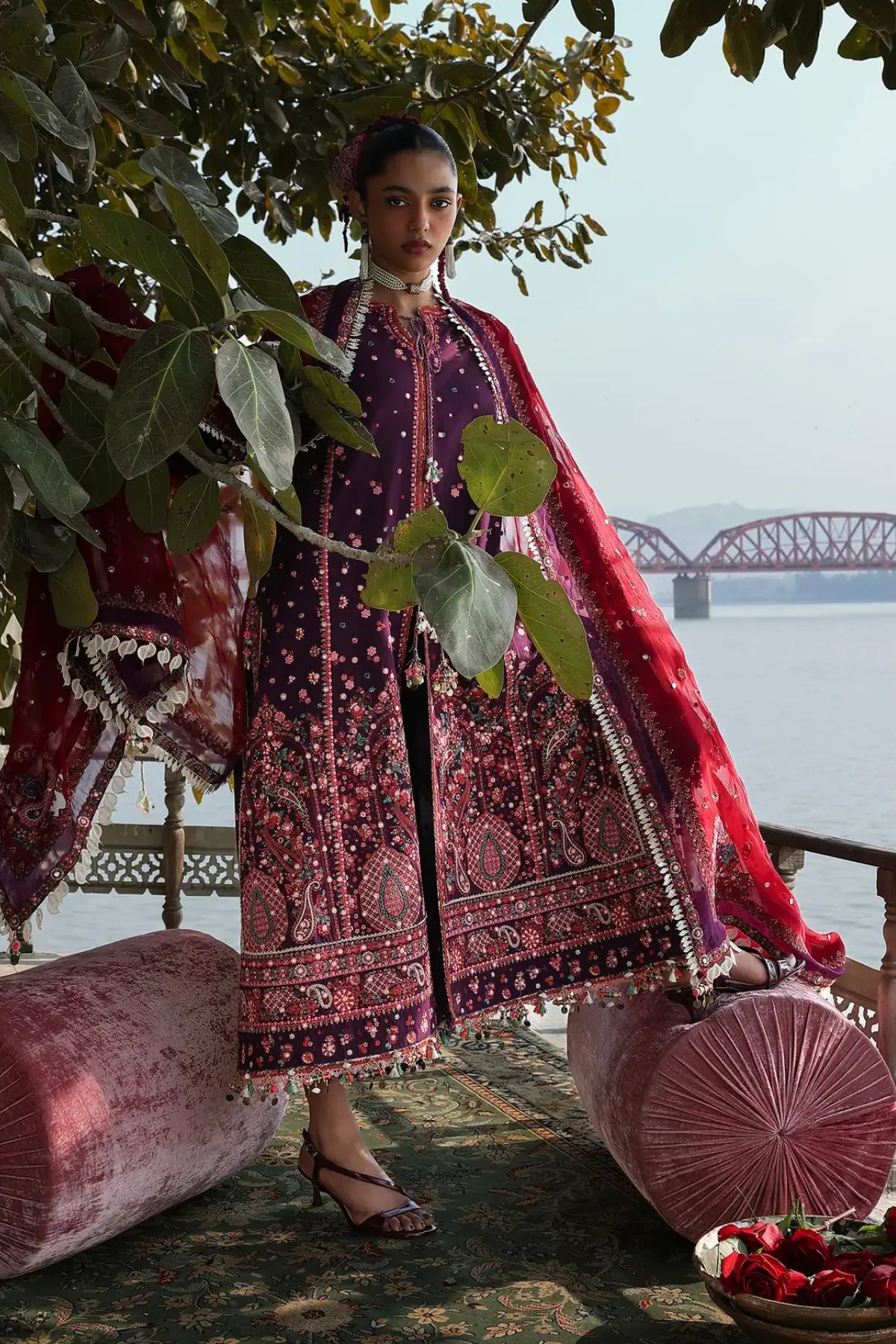 Hussain Rehar Nihdi purple lawn suit with maroon embellished chiffon dupatta