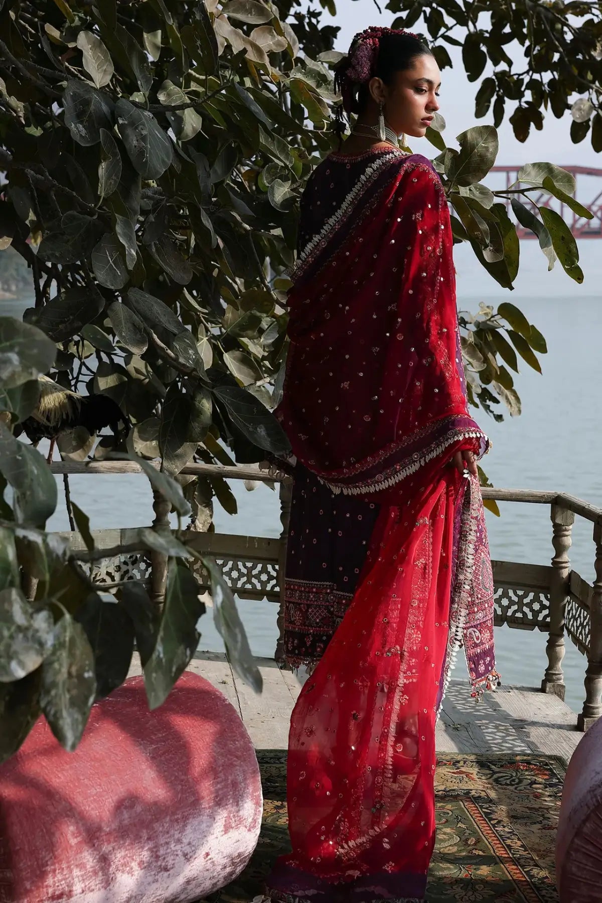 Hussain Rehar Nihdi purple lawn suit with maroon embellished chiffon dupatta