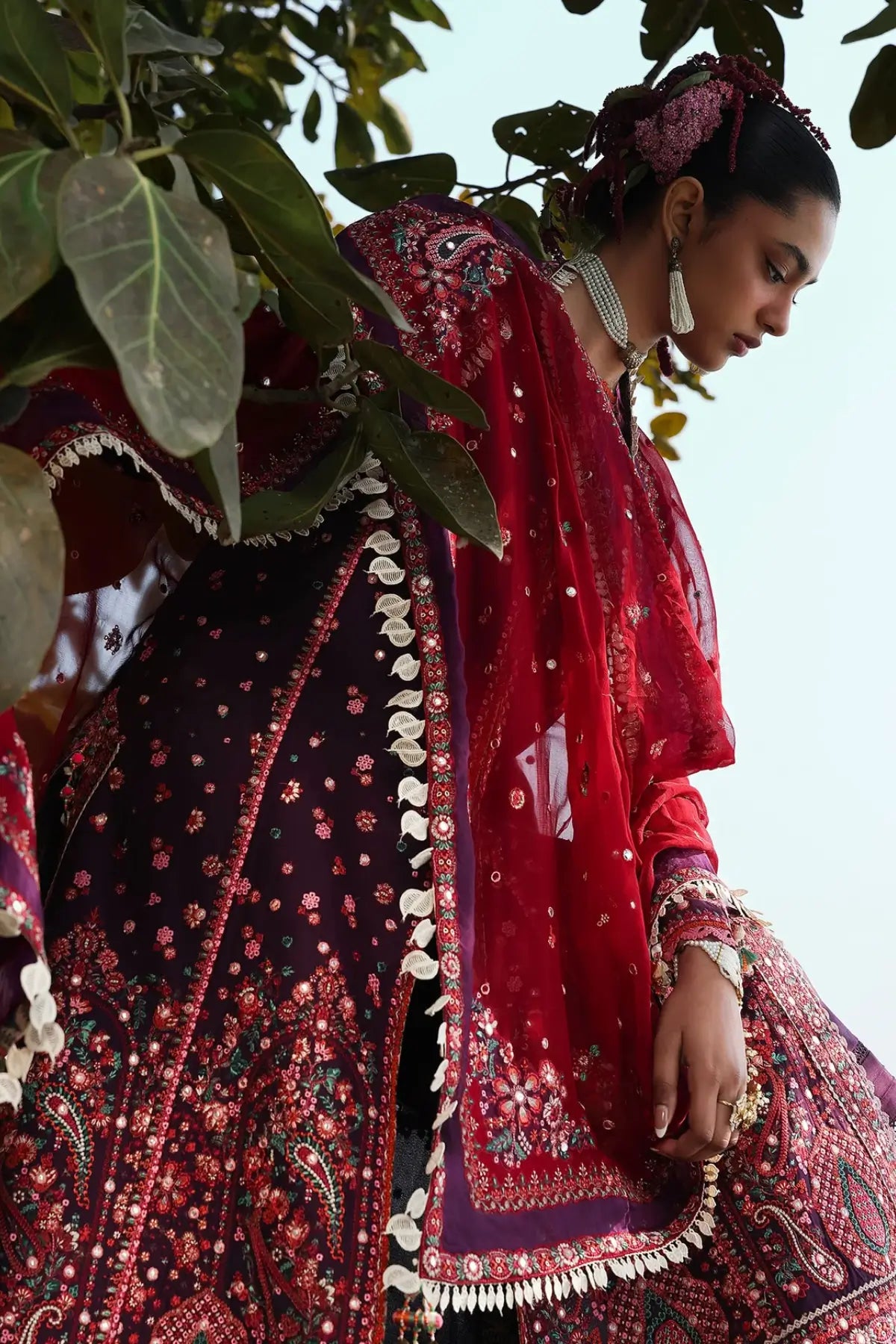 Hussain Rehar Nihdi purple lawn suit with maroon embellished chiffon dupatta