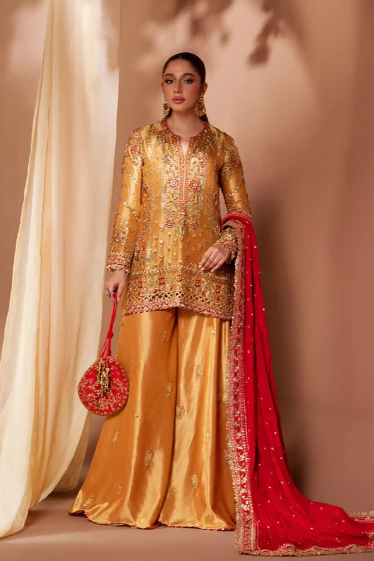 Nikita Burnt Orange Zardozi Lame Mehndi Night Stitched Suit with Mughal Embroidery, Lame Lehenga Pants and Red Silk Net Dupatta