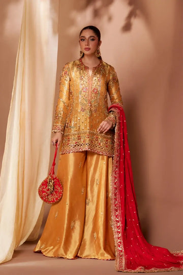 Nikita Burnt Orange Zardozi Lame Mehndi Night Stitched Suit with Mughal Embroidery, Lame Lehenga Pants and Red Silk Net Dupatta