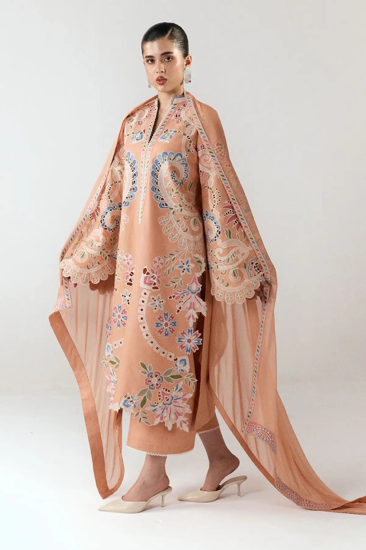 Peach Nila embroidered cotton suit by Jugnu Lahore with matching chiffon dupatta