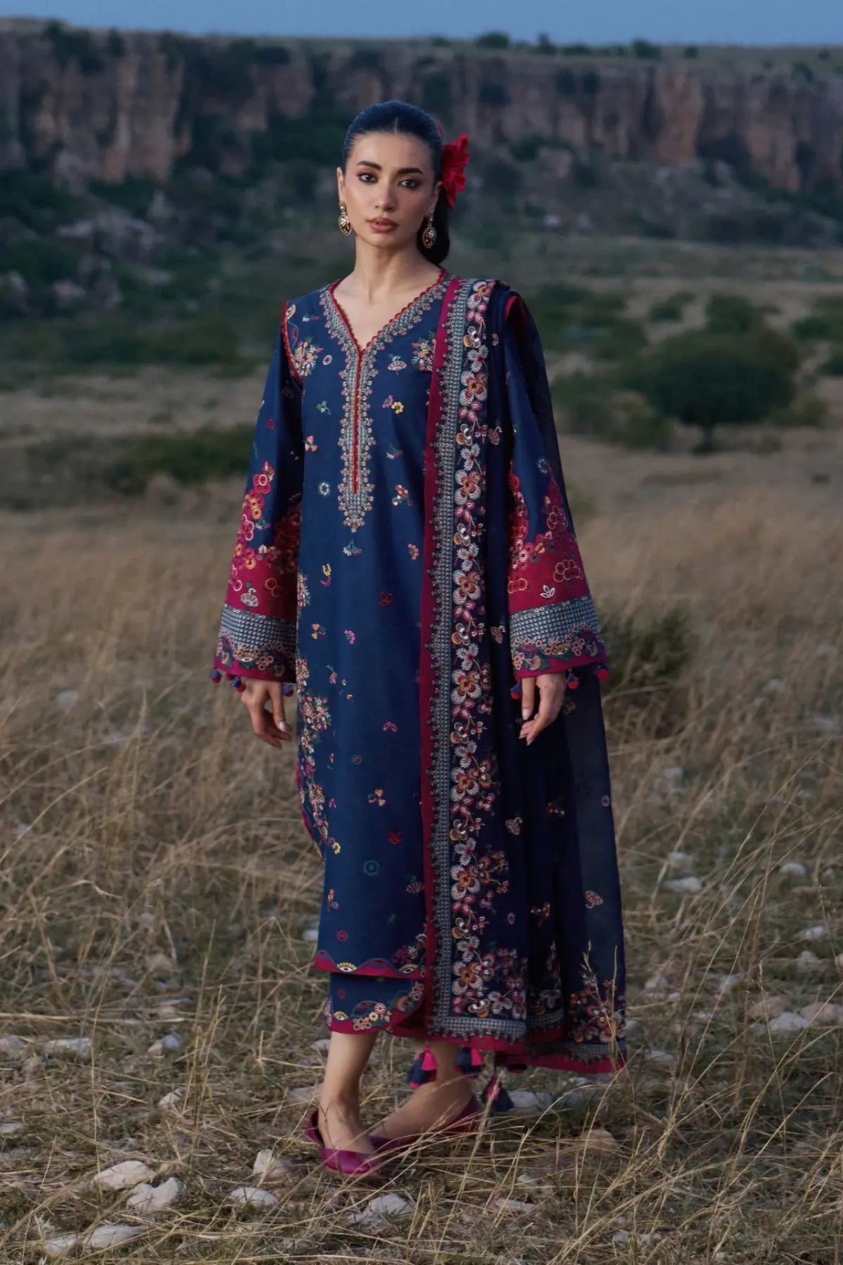Nilima Hussain Rehar Indigo Blue Lawn Stitched 3PC Suit with Chiffon Dupatta