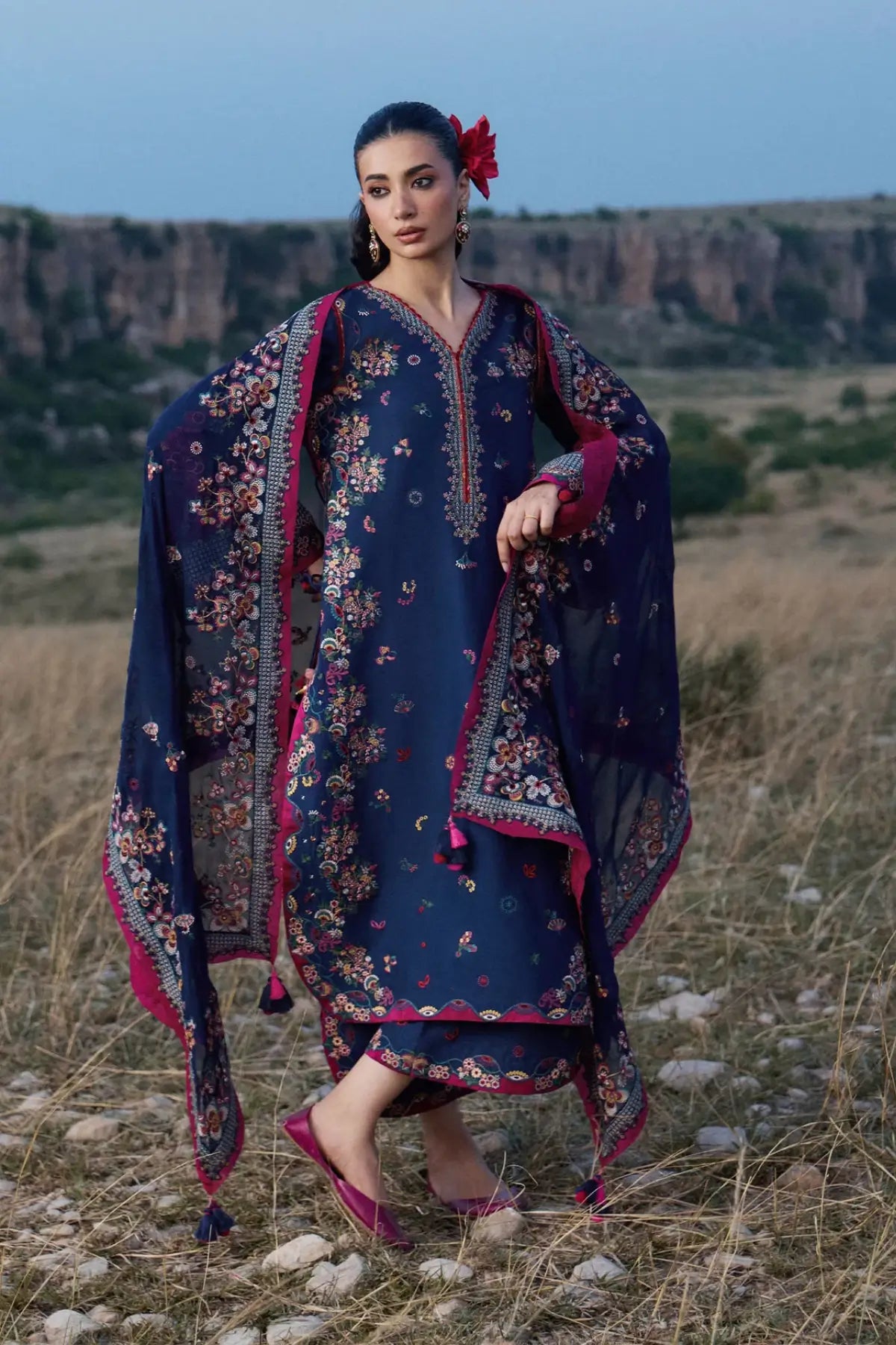 Nilima Hussain Rehar Indigo Blue Lawn Stitched 3PC Suit with Chiffon Dupatta
