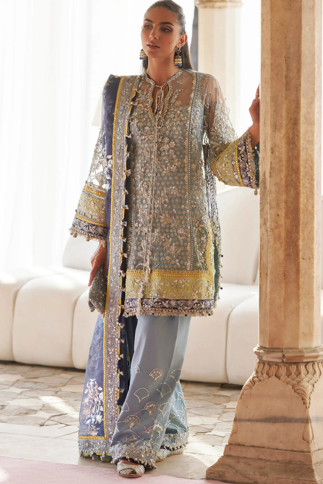 Sky blue stitched wedding shirt and farshi shalwar by Zaha Nilofar-e-Shaam – Pakistanimoda