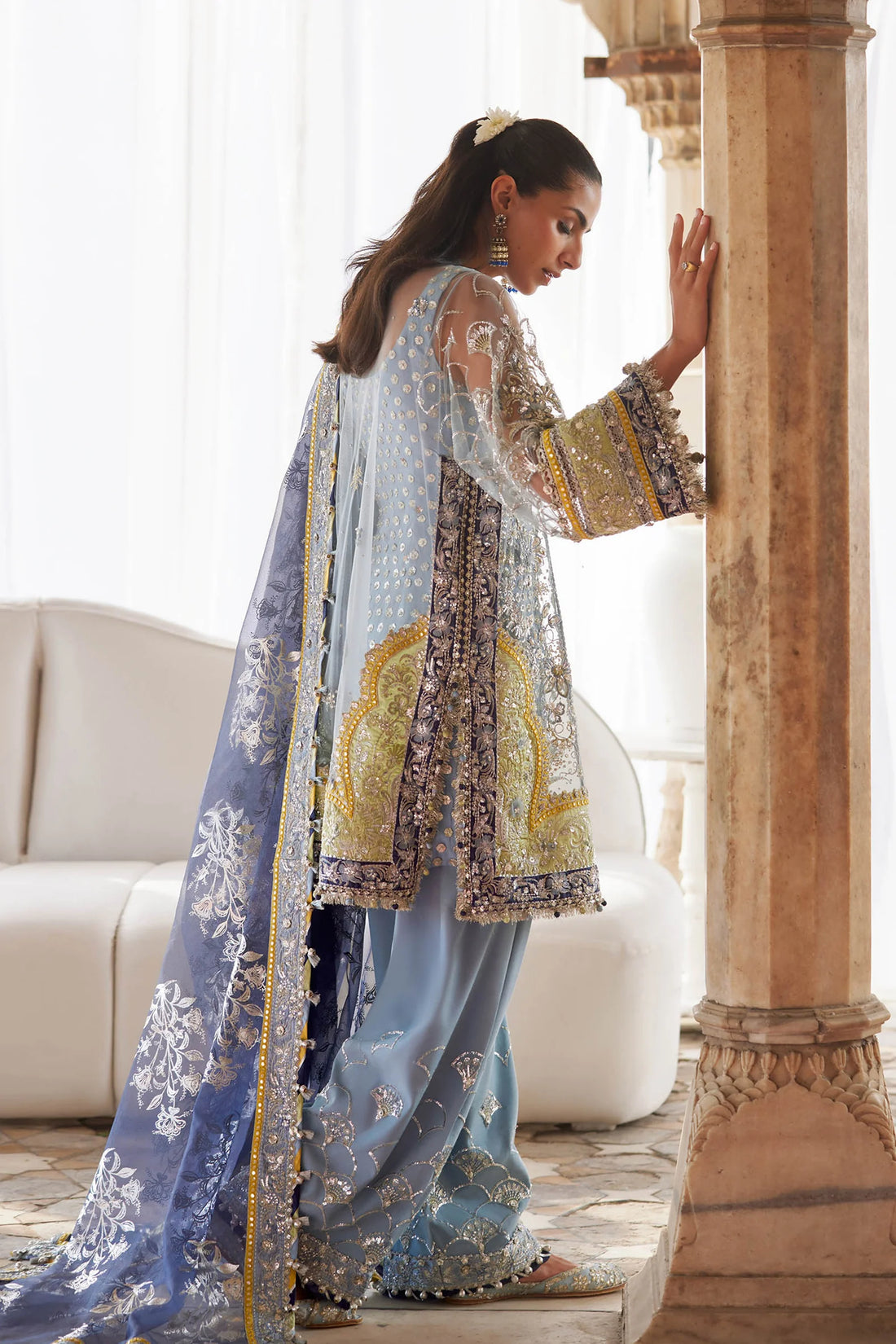 Sky blue stitched wedding shirt and farshi shalwar by Zaha Nilofar-e-Shaam – Pakistanimoda