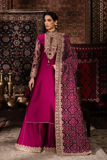 Nilofer Kanwal Malik Shehnai plum tissue silk flare pant suit with organza dupatta and embroidered detailing