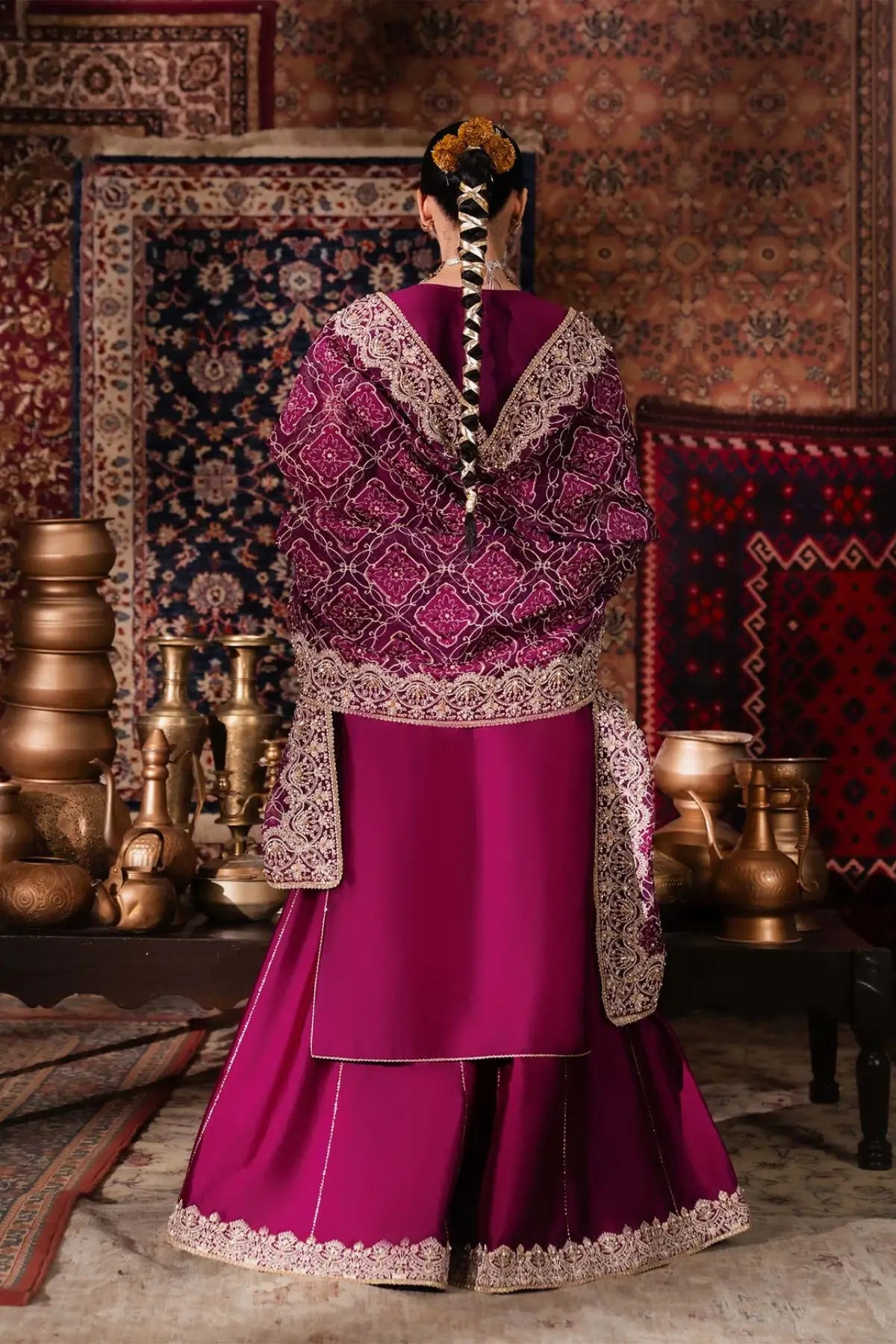 Nilofer Kanwal Malik Shehnai plum tissue silk flare pant suit with organza dupatta and embroidered detailing