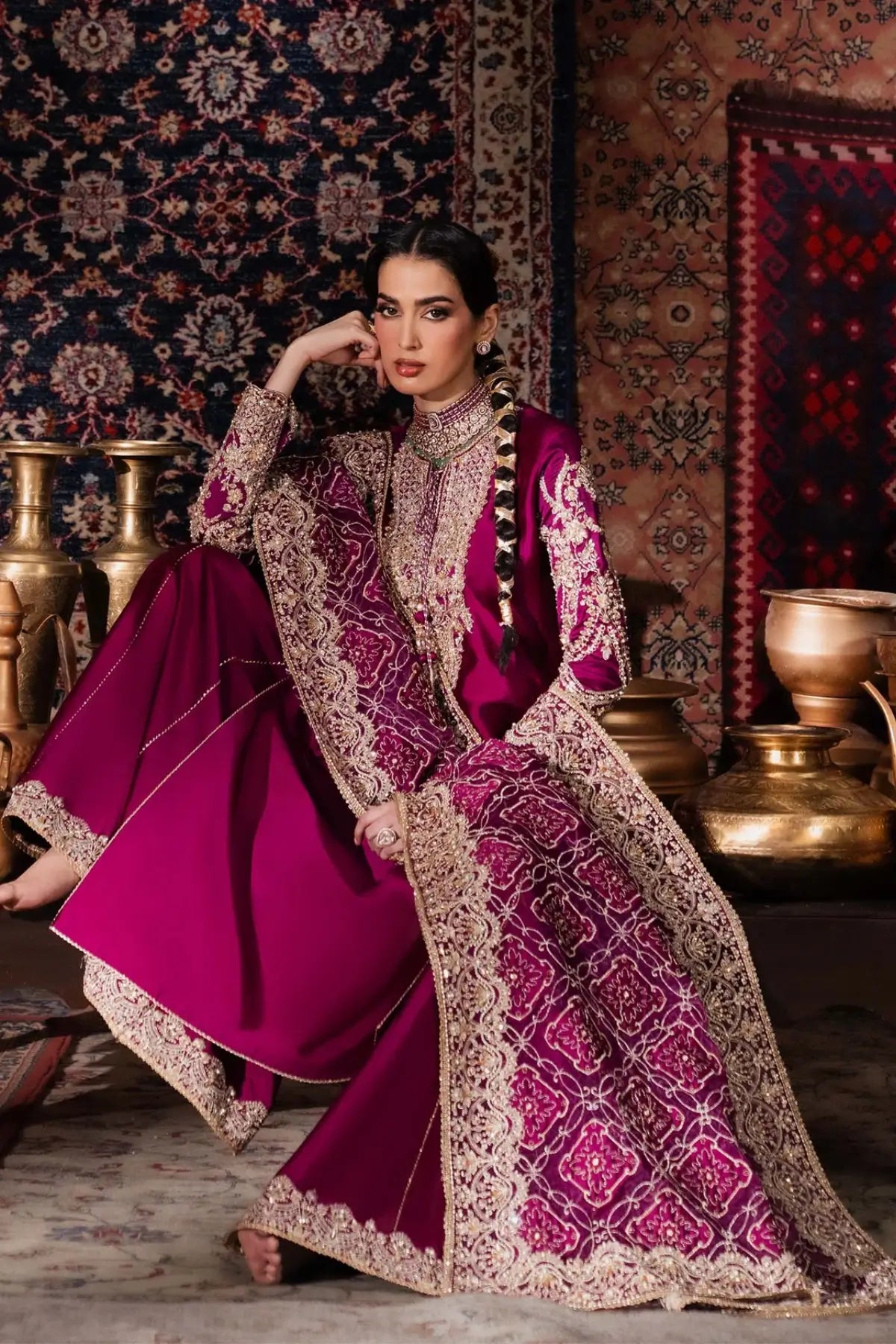 Nilofer Kanwal Malik Shehnai plum tissue silk flare pant suit with organza dupatta and embroidered detailing