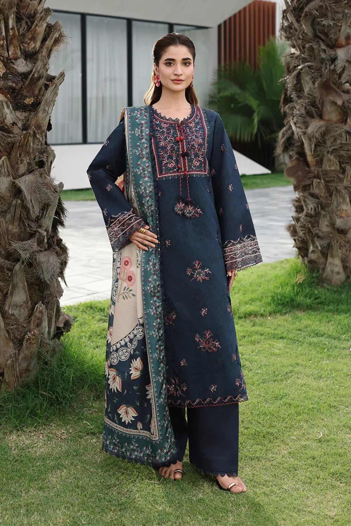 Nilofer by Rang Rasiya Sapphire Embroidered Lawn Stitched 3PC Suit with Printed Tasser Silk Dupatta