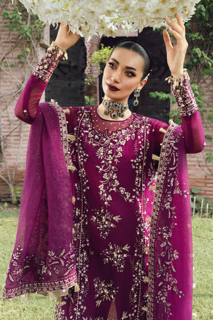 Buy Nimir – Magenta Cotton Net Embroidered Wedding Suit Pakistanimoda