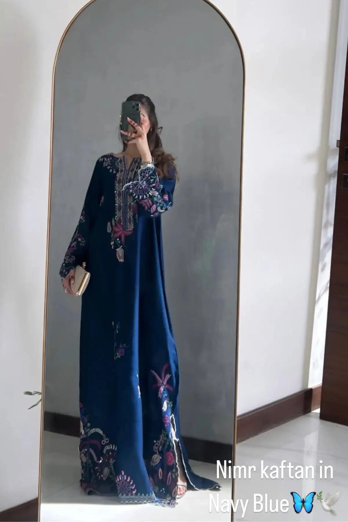 Nimr stitched navy blue kaftan in sheesha silk with mirror work formal wear outfit