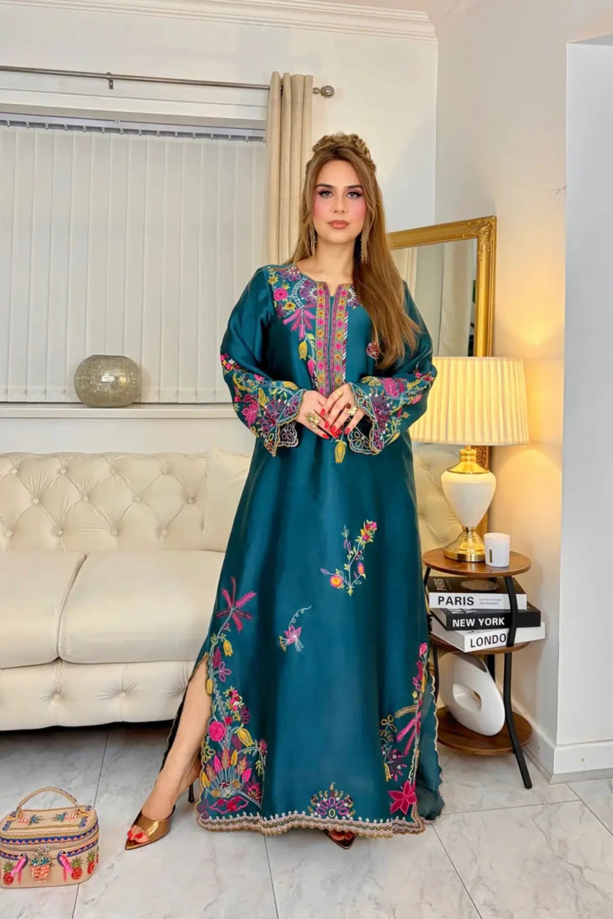 Nimr teal designer kaftan with fine embroidery detail in sheesha silk
