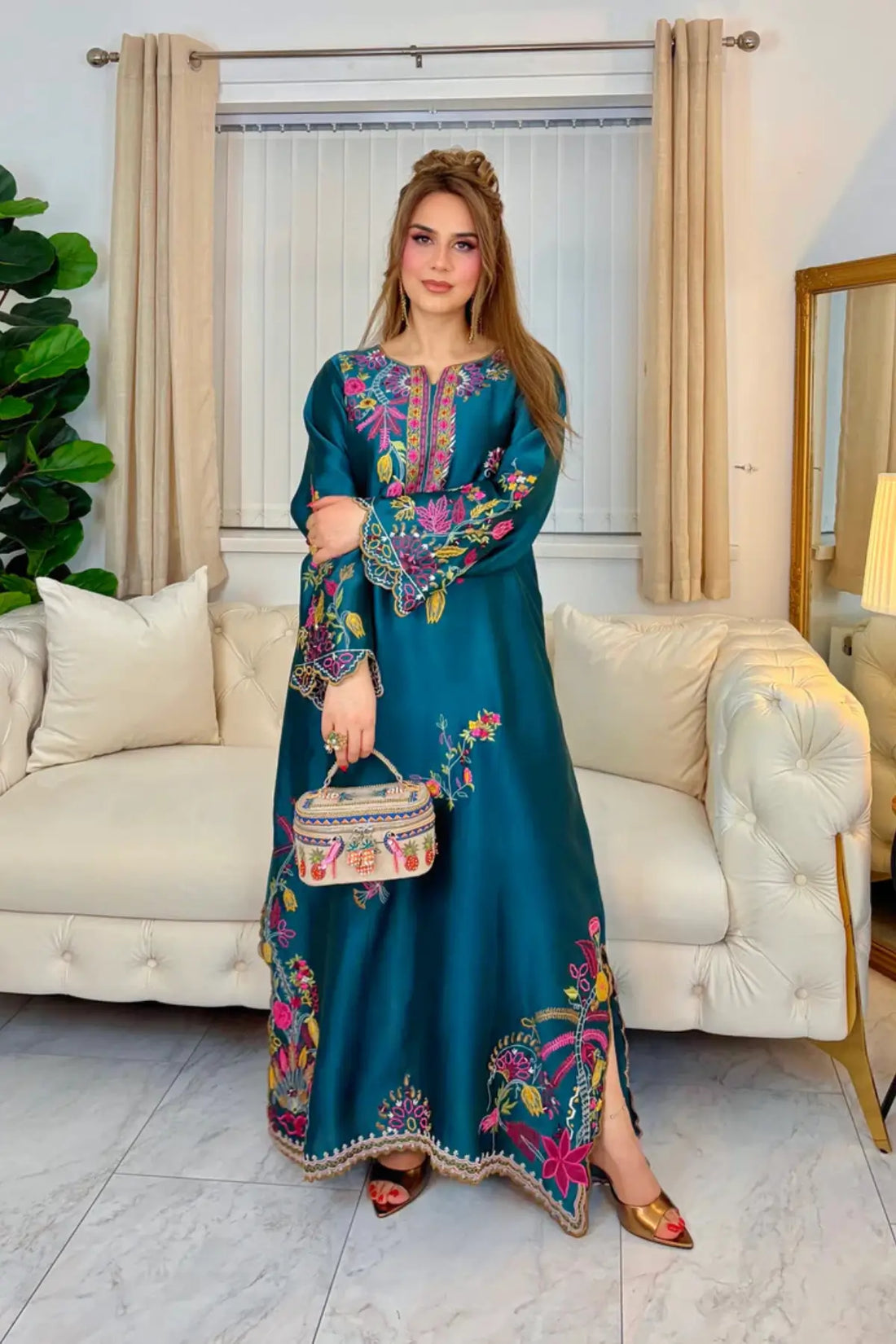 Nimr teal designer kaftan with fine embroidery detail in sheesha silk