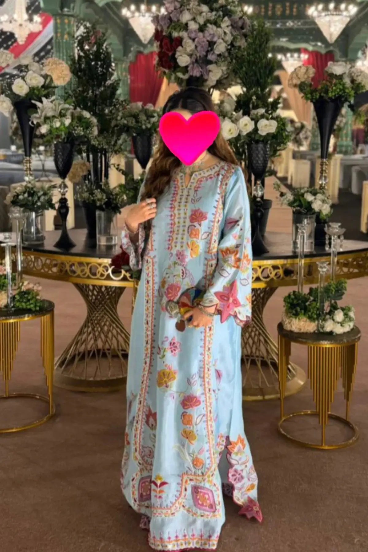 Ice blue Nina designer kaftan in sheesha silk with 3D floral embellishment detail