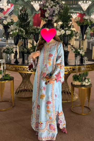 Ice blue Nina designer kaftan in sheesha silk with 3D floral embellishment detail