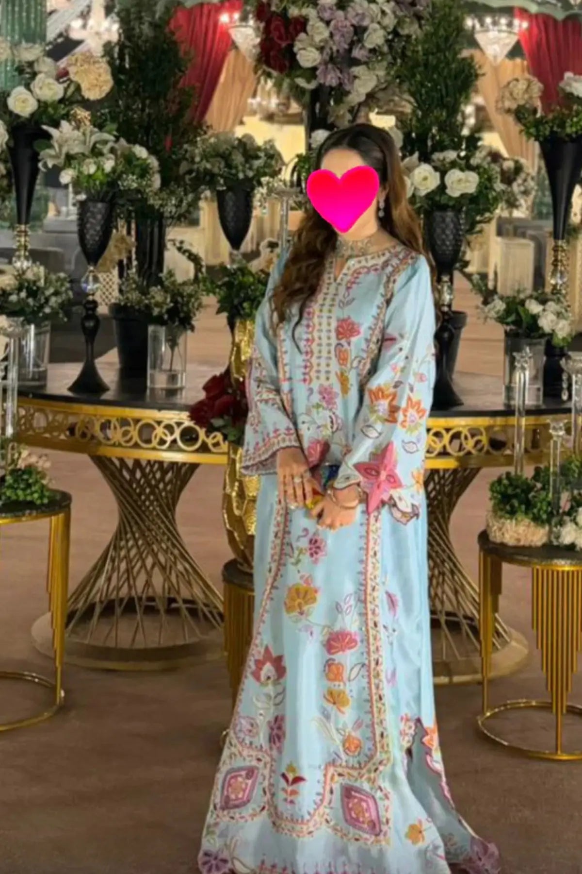 Ice blue Nina designer kaftan in sheesha silk with 3D floral embellishment detail