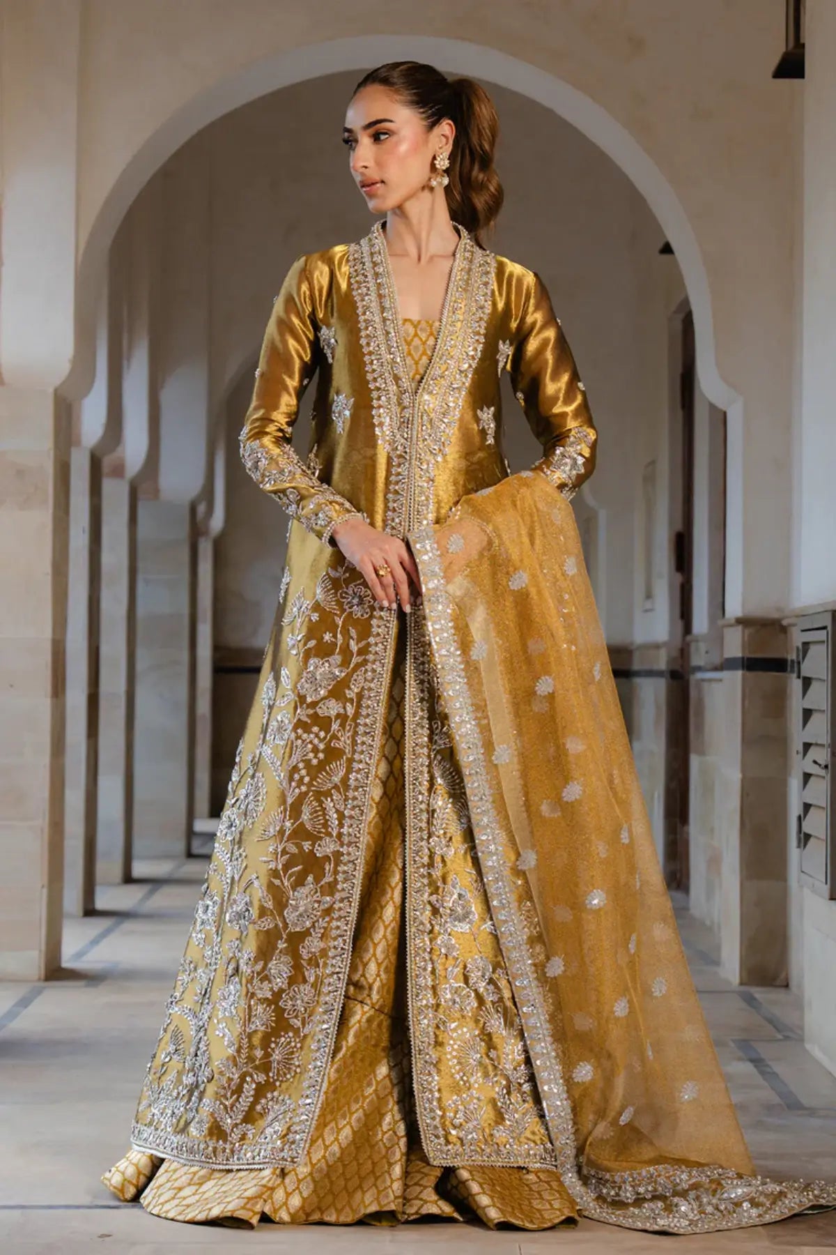 Ninah deep gold jacket formal suit with jamawar lehenga