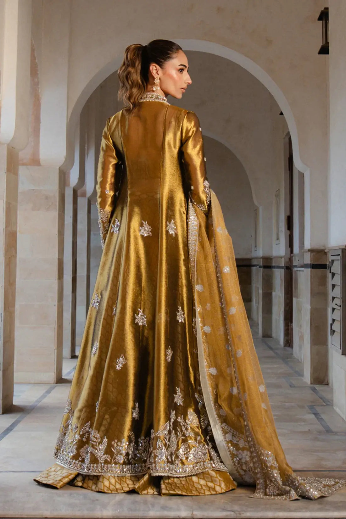 Ninah deep gold jacket formal suit with jamawar lehenga