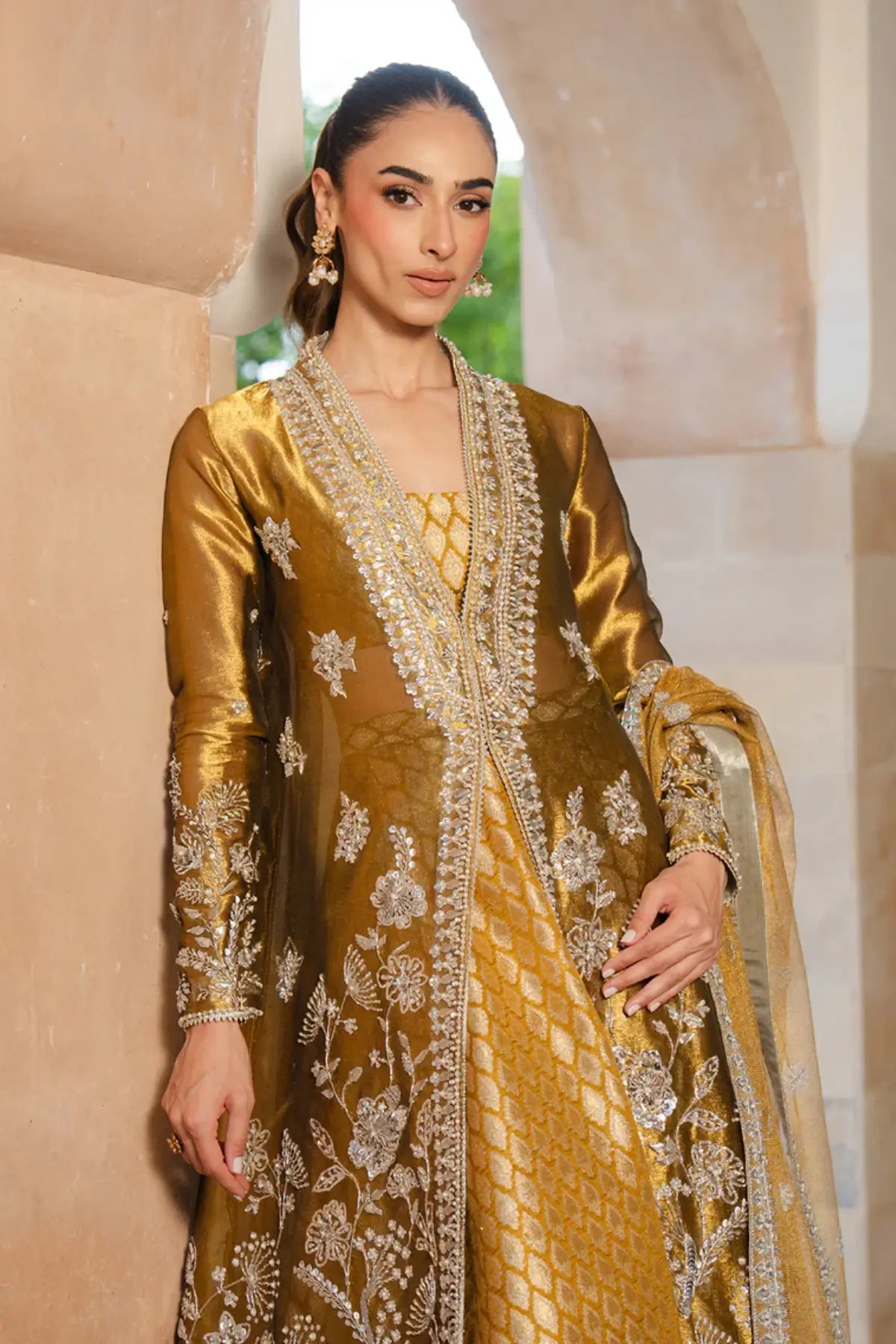 Ninah deep gold jacket formal suit with jamawar lehenga