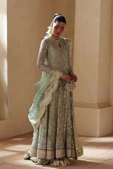 Nirvelle turquoise embellished organza Angrakha wedding suit with silk gharara and embroidered scalloped dupatta