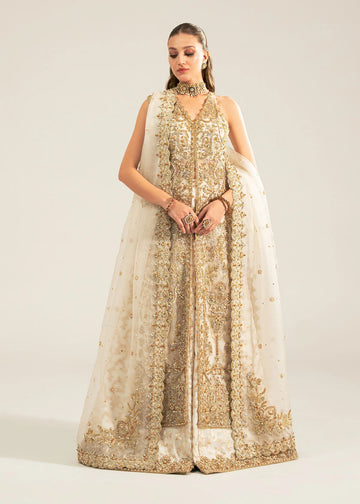 Nisha stitched ivory sharara outfit by Kanwal Malik with hand-embellished Kathan organza shirt, lawn silk sharara, and a sequin-sprayed organza dupatta.