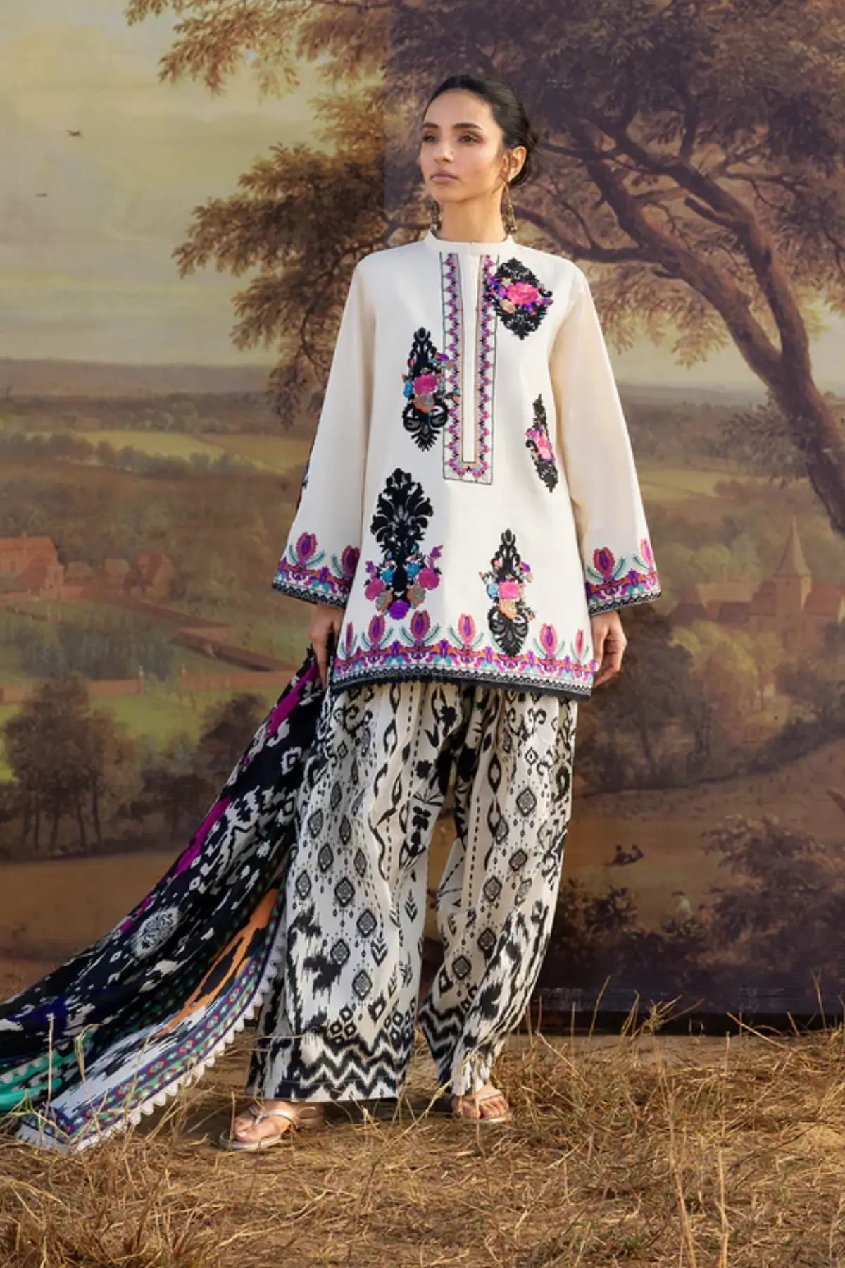 Zainab Chottani Nivara ivory stitched lawn 3PC with contrast embroidery and silk dupatta