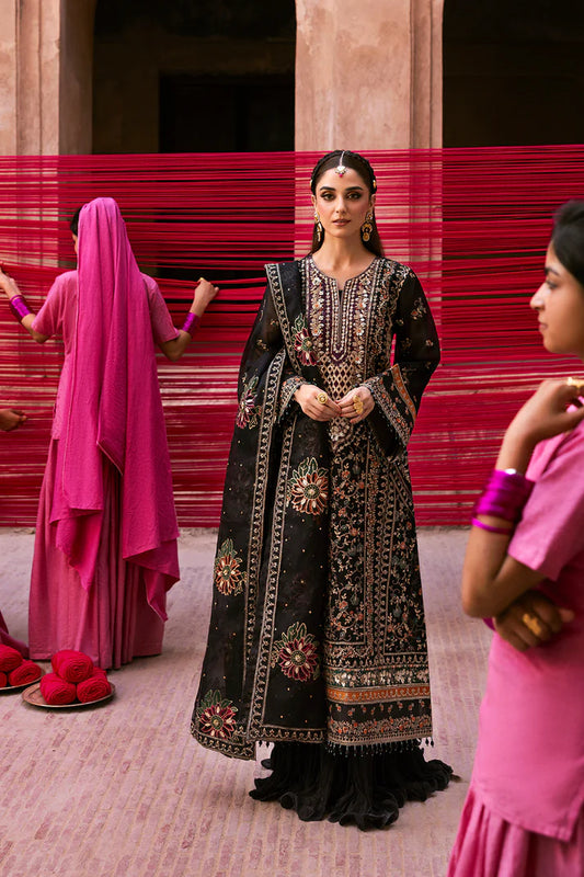 Noctelle black organza embroidered outfit with raw silk trouser and block print dupatta by Emaan Adeel, luxury party wear for weddings and receptions.
