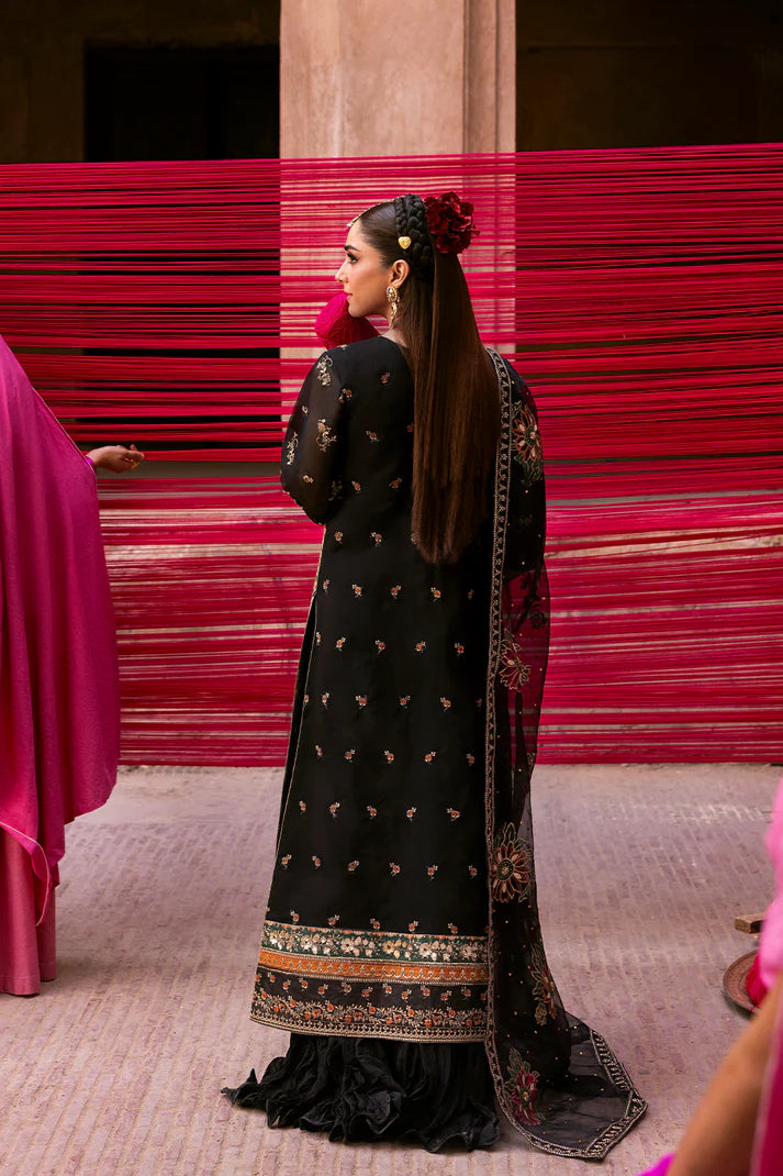 Noctelle black organza embroidered outfit with raw silk trouser and block print dupatta by Emaan Adeel, luxury party wear for weddings and receptions.