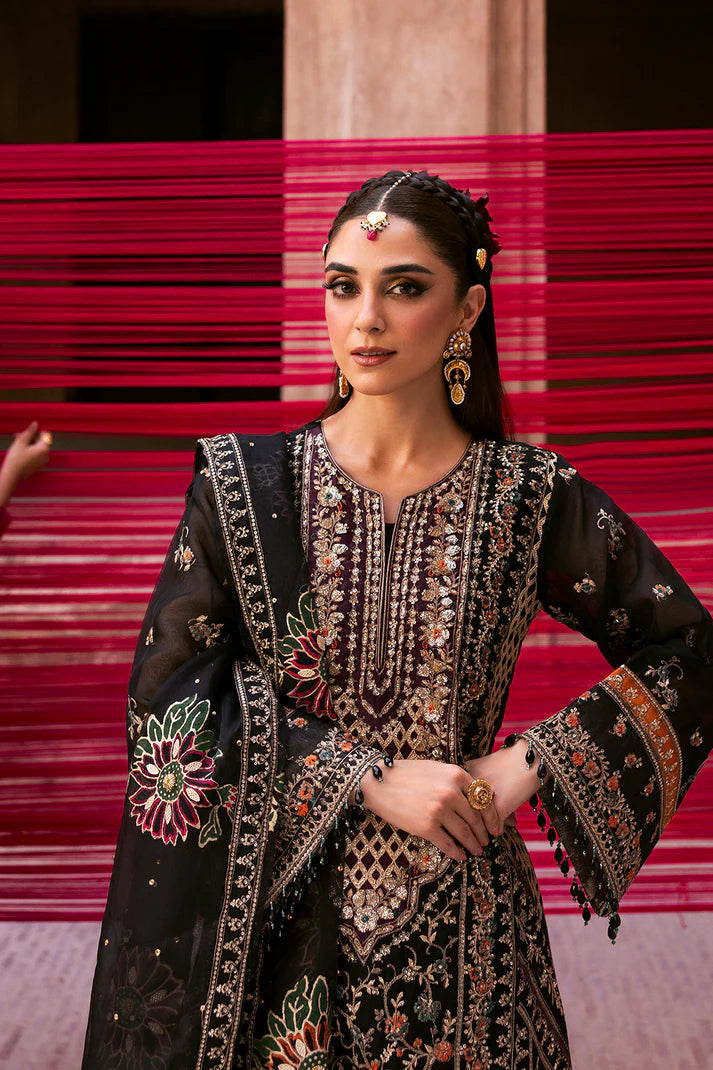 Noctelle black organza embroidered outfit with raw silk trouser and block print dupatta by Emaan Adeel, luxury party wear for weddings and receptions.