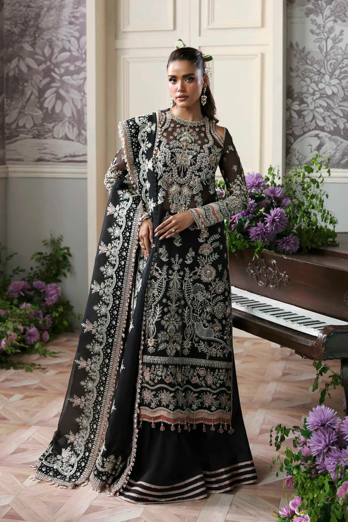 Nocturne elegant black organza embroidered ensemble with raw silk trouser and organza dupatta by Akbar Aslam, luxury wear for weddings.
