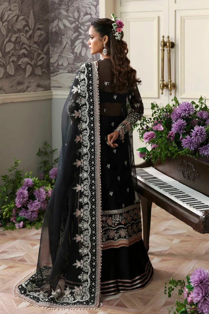 Nocturne elegant black organza embroidered ensemble with raw silk trouser and organza dupatta by Akbar Aslam, luxury wear for weddings.