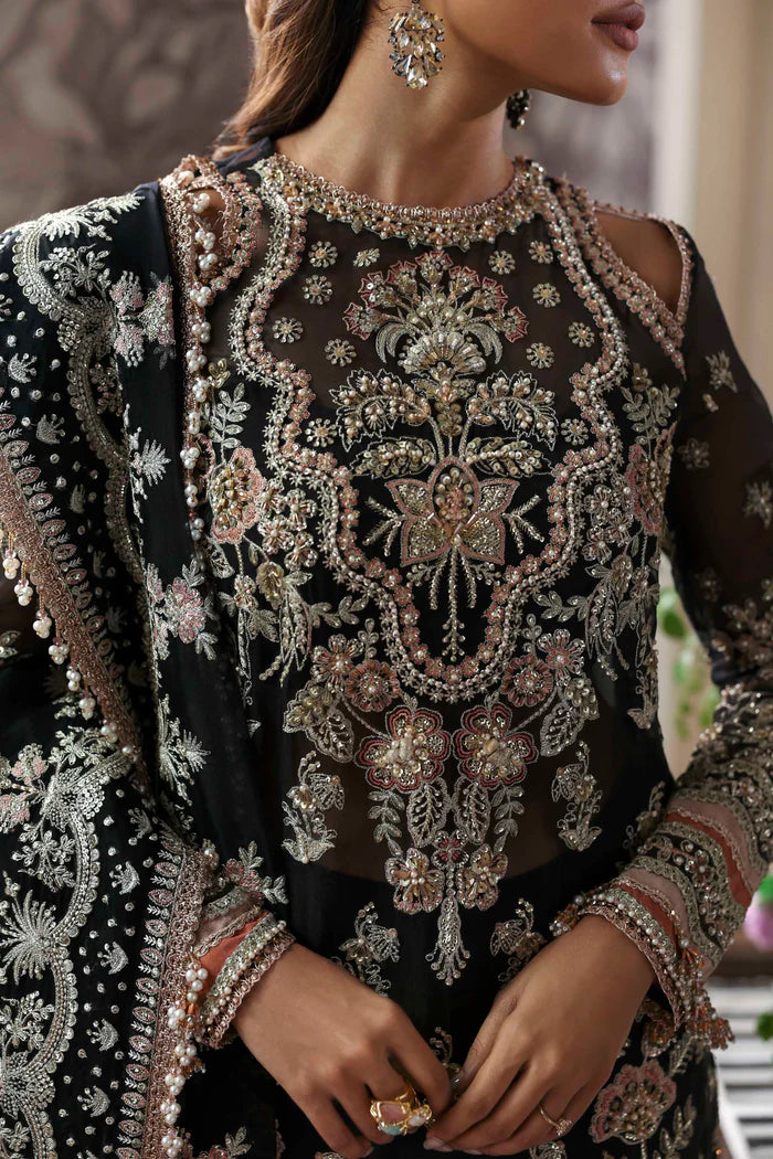 Nocturne elegant black organza embroidered ensemble with raw silk trouser and organza dupatta by Akbar Aslam, luxury wear for weddings.