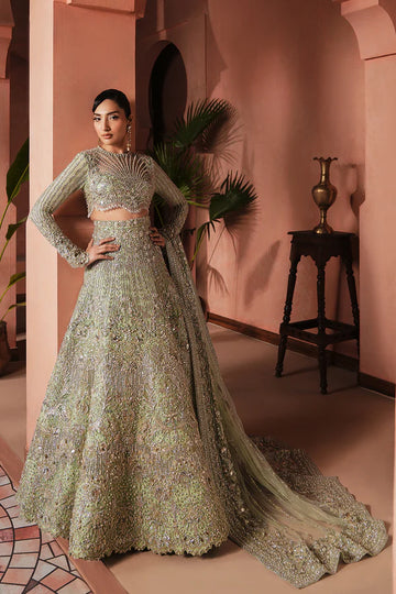 Crystal embellished Pakistani net bridal outfit in aqua green for Canadian brides, featuring handwork with sheesha, katdana, and soft net dupatta—ideal for modern Pakistani weddings in Canada.
