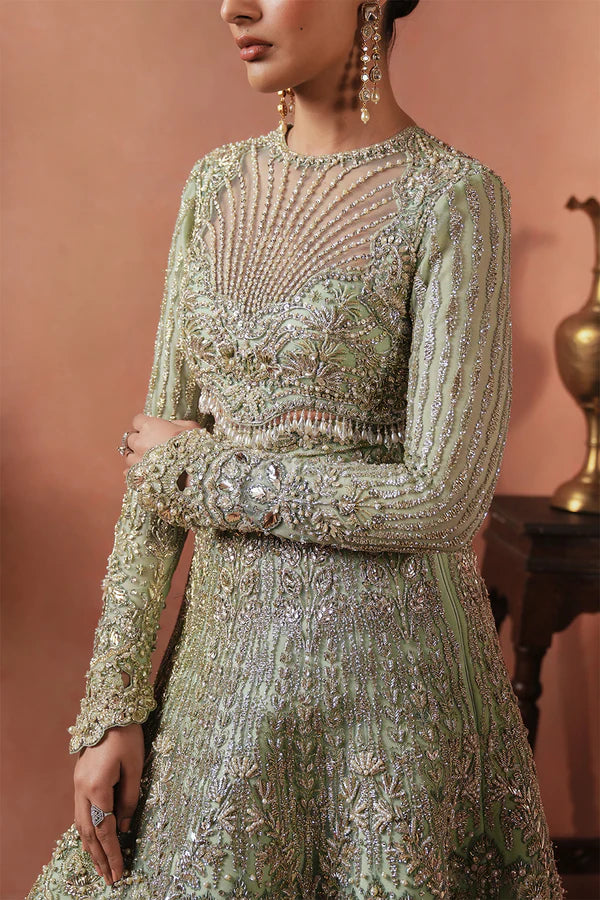 Crystal embellished Pakistani net bridal outfit in aqua green for Canadian brides, featuring handwork with sheesha, katdana, and soft net dupatta—ideal for modern Pakistani weddings in Canada.