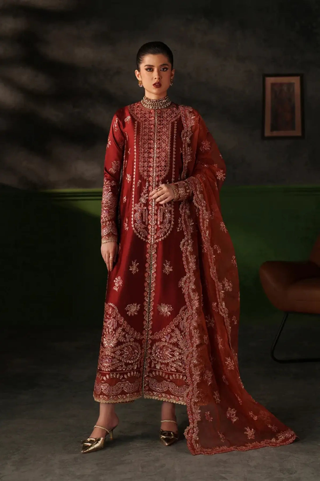 Noemie deep rust embroidered raw silk stitched 3PC Pakistani wedding suit with organza dupatta