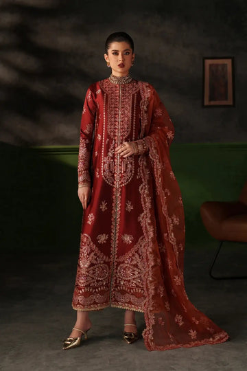 Noemie deep rust embroidered raw silk stitched 3PC Pakistani wedding suit with organza dupatta