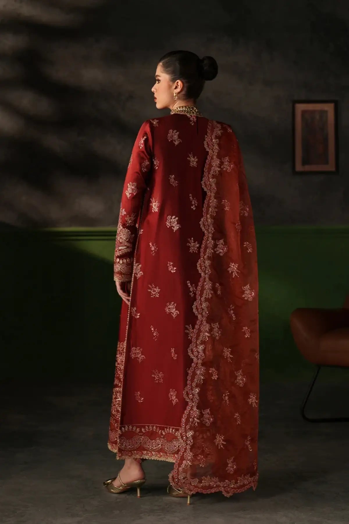 Noemie deep rust embroidered raw silk stitched 3PC Pakistani wedding suit with organza dupatta