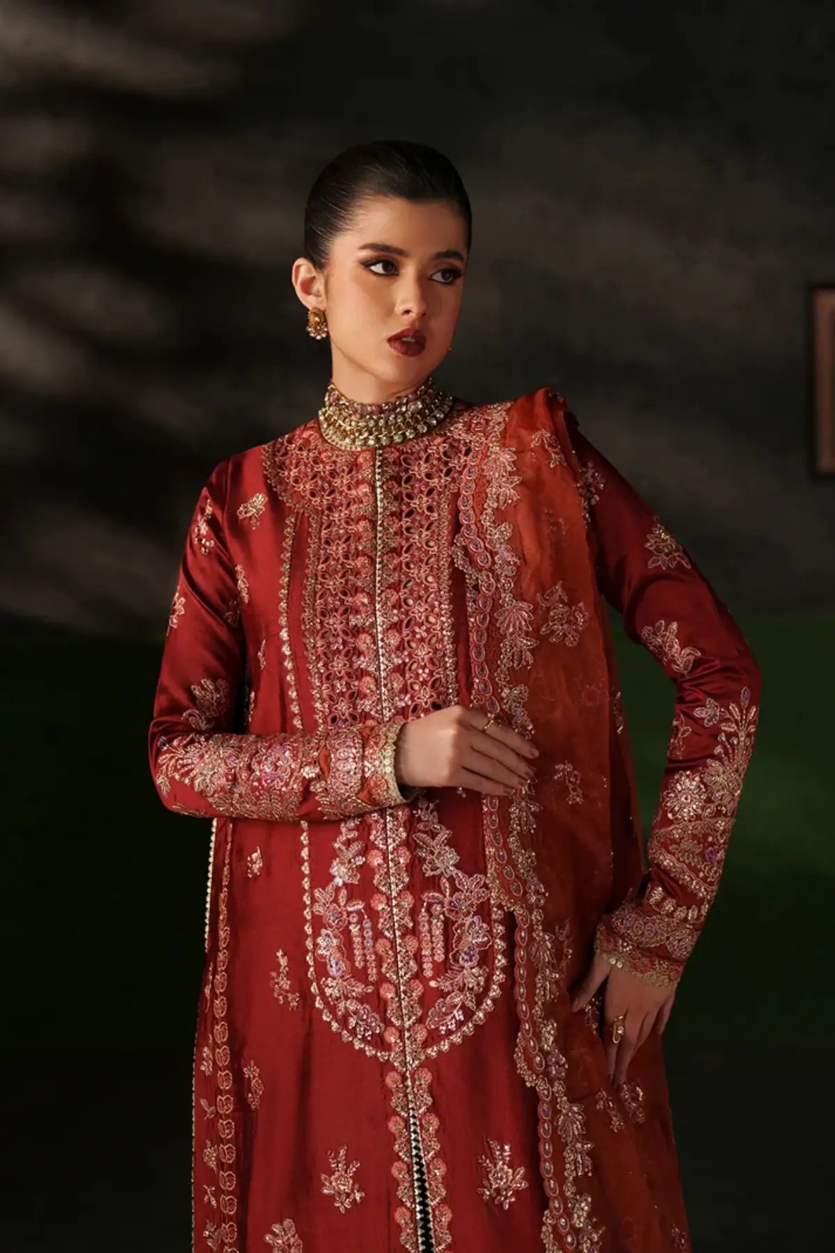 Noemie deep rust embroidered raw silk stitched 3PC Pakistani wedding suit with organza dupatta
