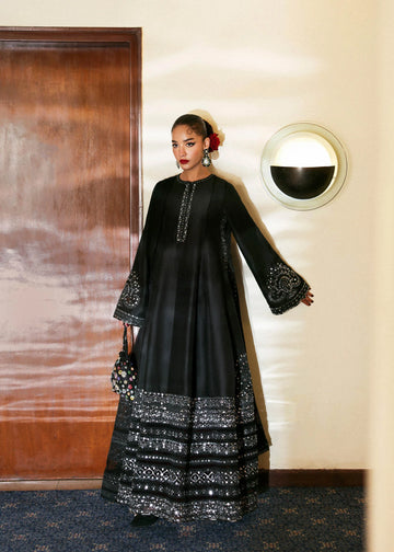 Noer – Black raw silk shirt with silver embroidery, pants, and chiffon dupatta – Pakistani formal suit at Pakistanimoda