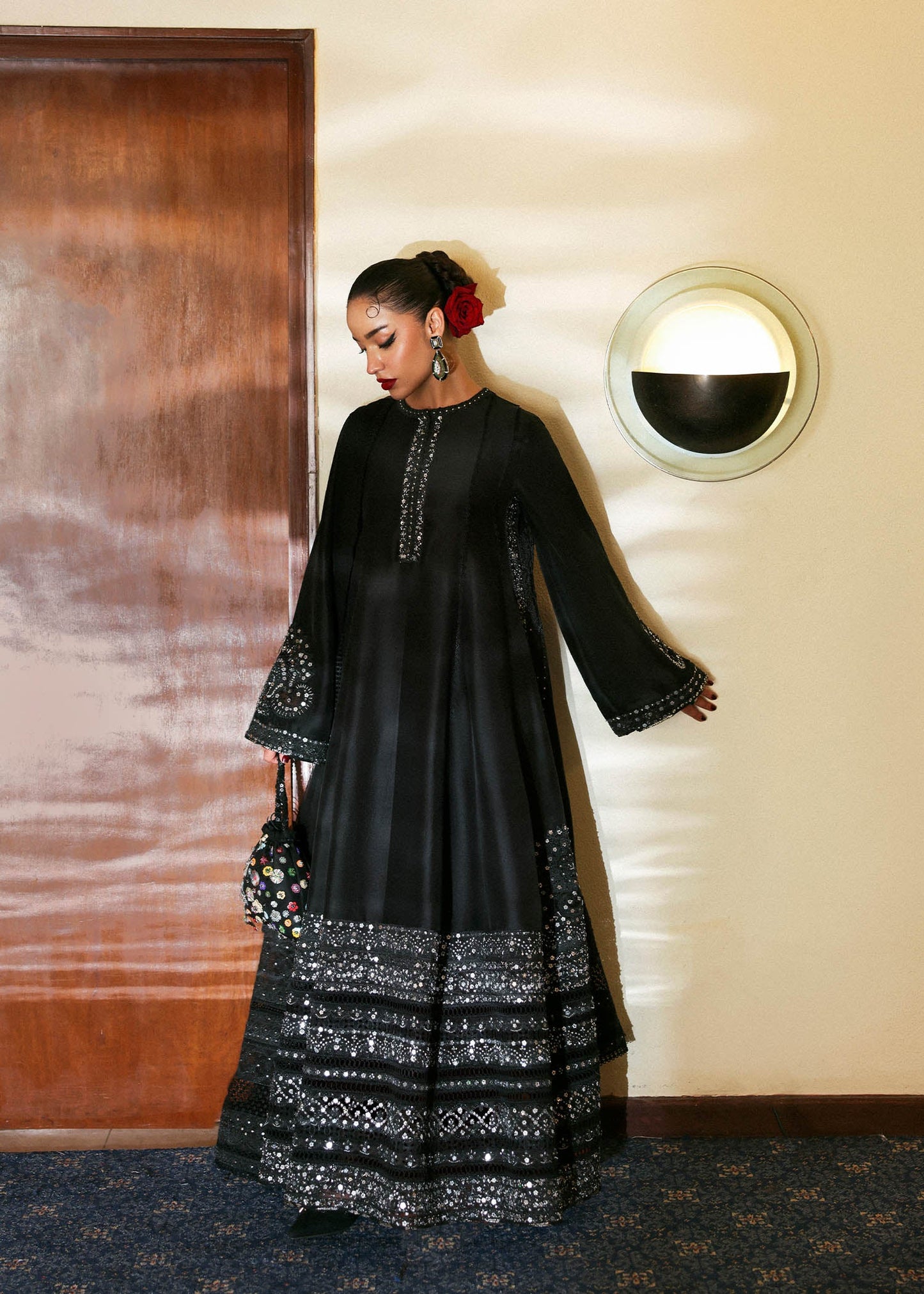Noer – Black raw silk shirt with silver embroidery, pants, and chiffon dupatta – Pakistani formal suit at Pakistanimoda