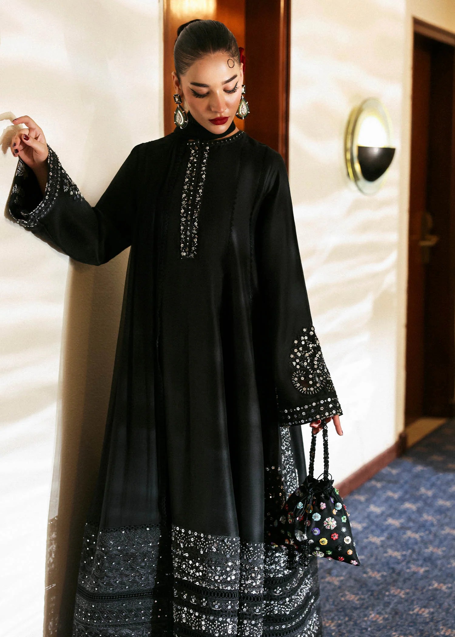 Noer – Black raw silk shirt with silver embroidery, pants, and chiffon dupatta – Pakistani formal suit at Pakistanimoda