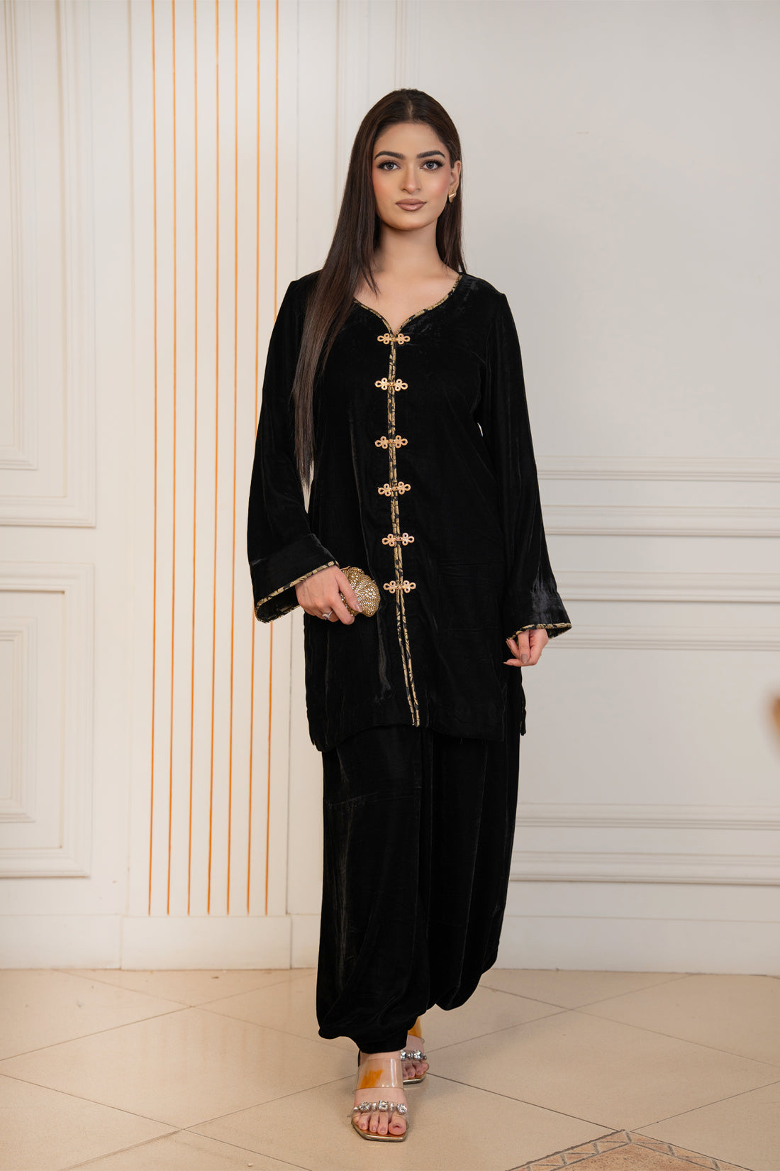 Noir Charm black pure velvet winter co-ord set with gold front and cuff detailing by MariamRaj